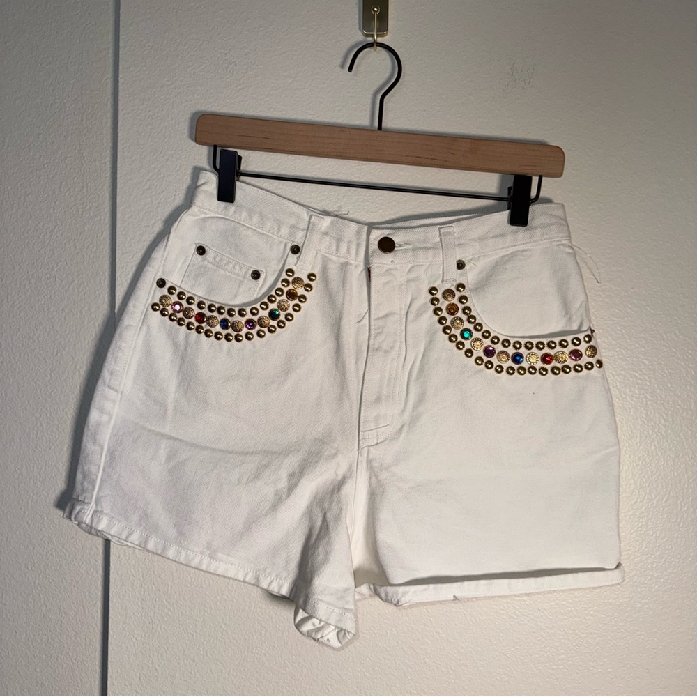 VINTAGE BOOM BOOM Simon Parsa 90s bejeweled denim cuffed high waist shorts 13